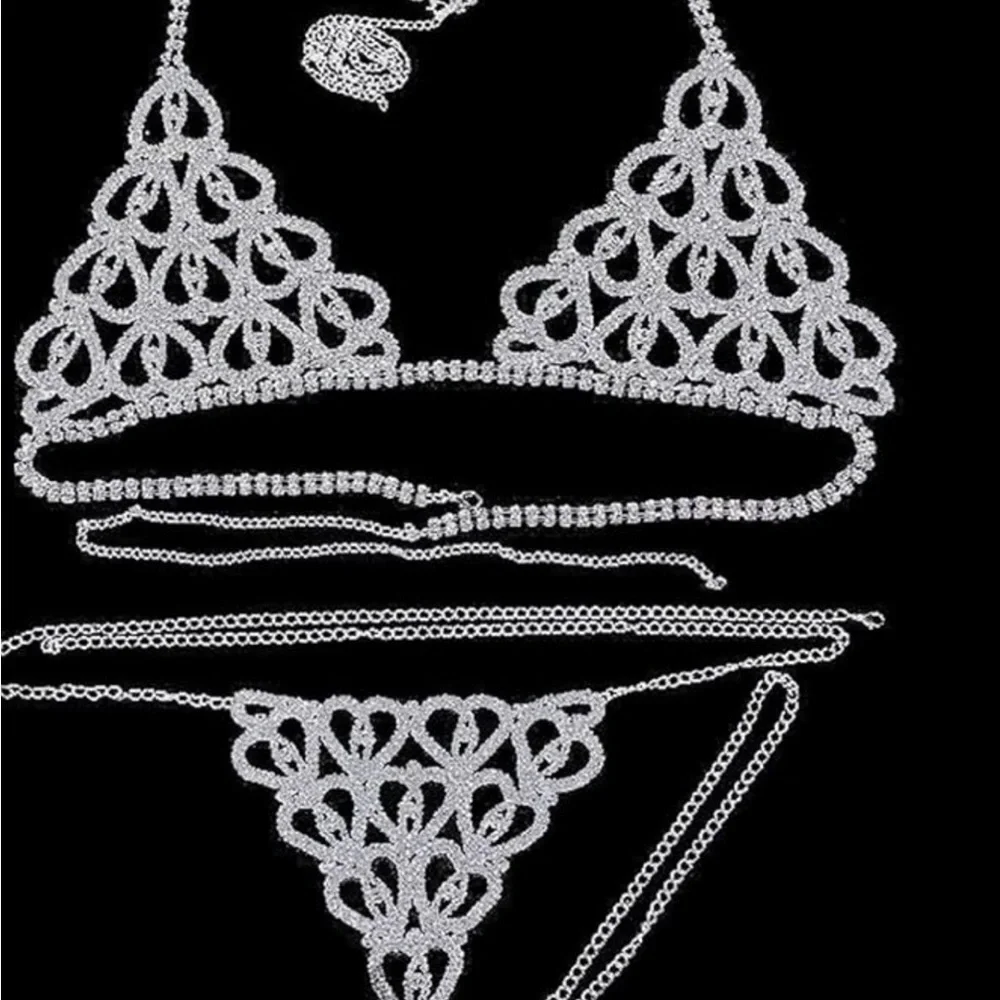 DA VEAMOR  rhinestone body chain silver bikini bra and thong set, NWT